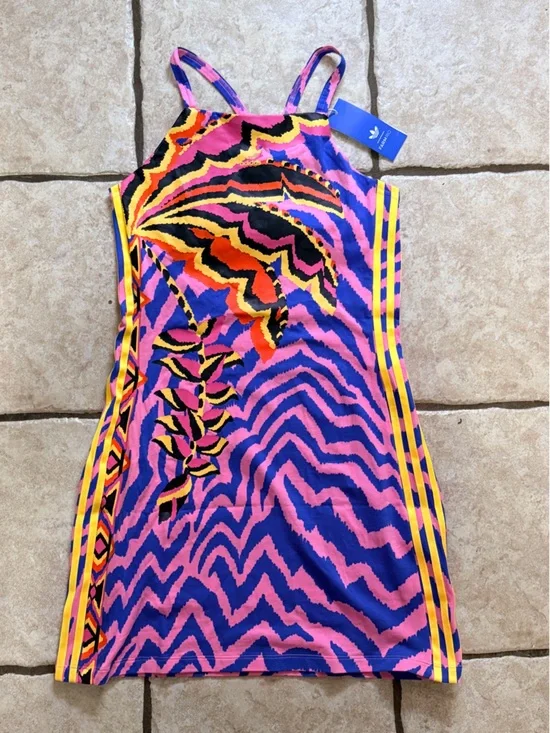 NWT Adidas x Farm Rio Pink & Blue Zebra-Stripe Mini Tank Dress-M - Picture 4 of 13